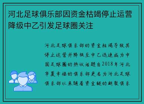 河北足球俱乐部因资金枯竭停止运营降级中乙引发足球圈关注 河北足球俱乐部因资金枯竭停止运营降级中乙引发足球圈关注